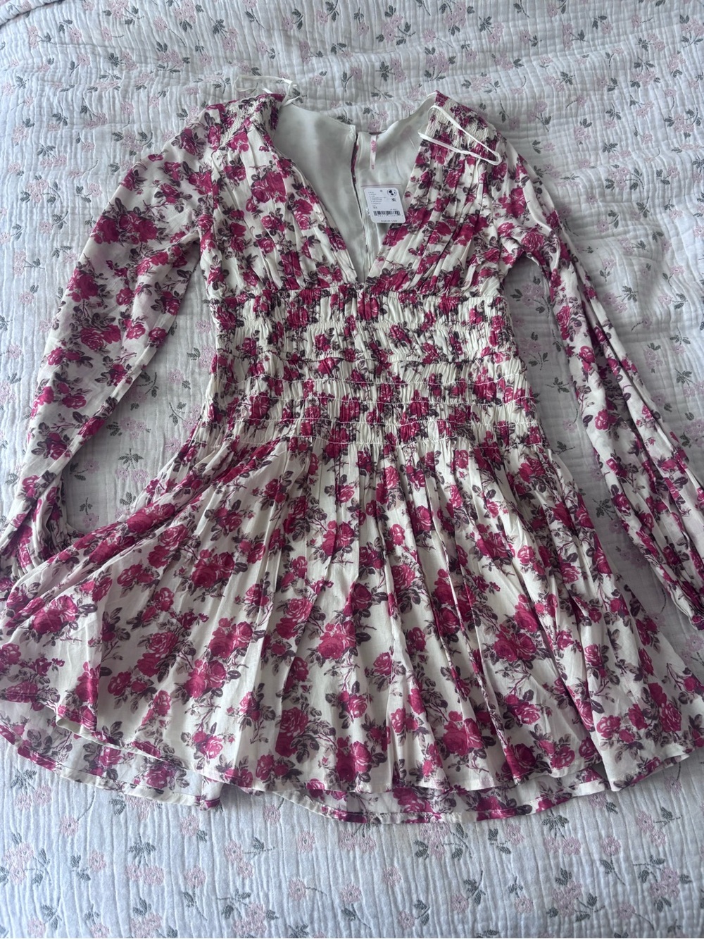 Free People Floral Smocked Waist Long-Sleeve Dress - orange/red on Cream